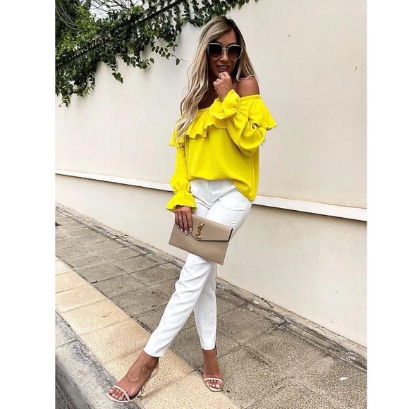 Yellow Long Sleeve Off Shoulder Ruffle Top Blouse - Picture 6 of 10